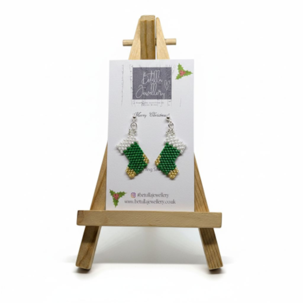 Christmas Stocking Beadwork earrings - green